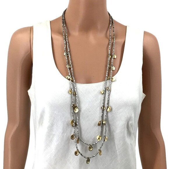 Chicos Necklace Double Strand Beaded Silver Gold Tones - Picture 1 of 2